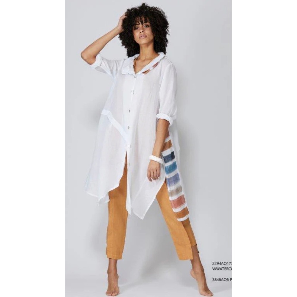 Banana Blue White 100% Linen Tunic Top Striped Trim Made in Australia Small